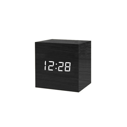 Square Digital LED Alarm Clock Wood Retro Glow Clock Desktop Table Decor Voice Control Snooze Function Desk Clock