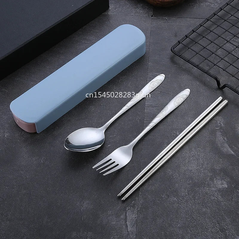 3Pcs/Set Travel Camping Cutlery Set Portable Tableware Stainless Steel Chopsticks Spoon Fork Steak Knife with Storage Case