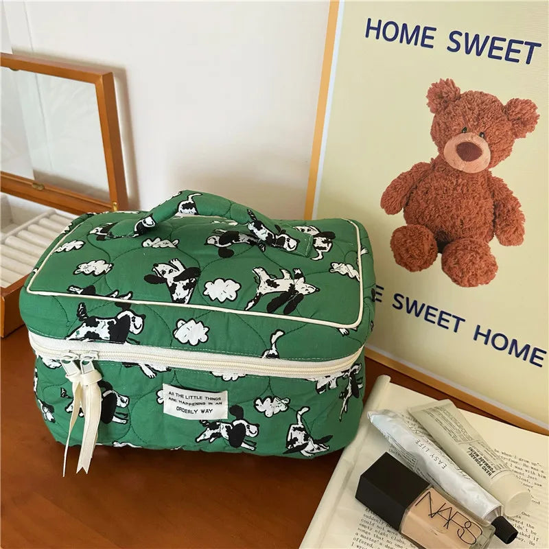 Cute Dog Sheep Pattern Cotton Wash Bag Flap Storage Bags Portable Soft Large Capacity Makeup Pouch with Zipper