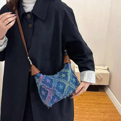 New Contrasting Woven Denim Style Women's Handbag Jacquard Star Diamond Checkered Crossbody Bag Multicolour Retro Trends