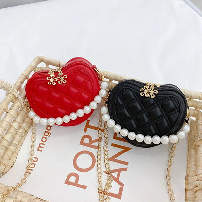 Pearl Handle Girls Mini Shoulder Messenger Bag Princess Wallet Coin Purse Handbags Cute Children's Heart-shaped Crossbody Bags