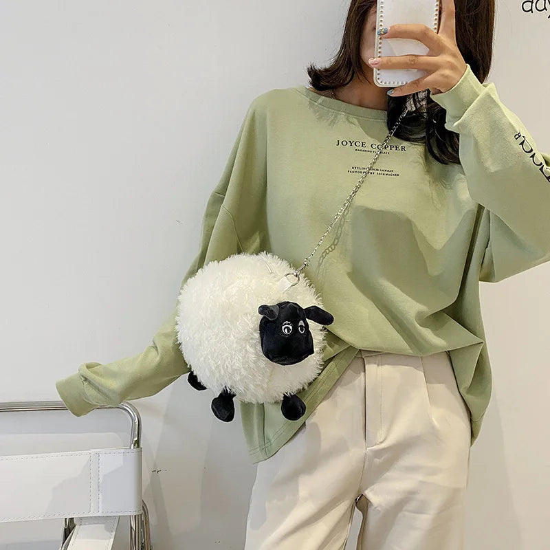 Cute Fluffy Soft Lamb Bag Women Cartoon Sling Bag Fluffy Animal Crossbody Bag Shoulder Bag Fur Soft Strip Bag Plush Back Pack