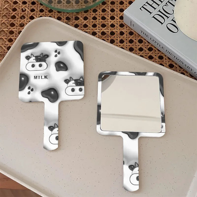 Creative Cow Handheld Cosmetic Monitor Girls Carry Portable Small Mirror Square Handle Makeup Mirror Exquisite Cow Handle Lens