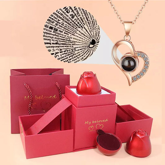 Love Heart Projection Necklace 100 Languages I Love You Pendant With Rose Gift Box For Girlfriend 2023 Fashion Luxury Jewelry