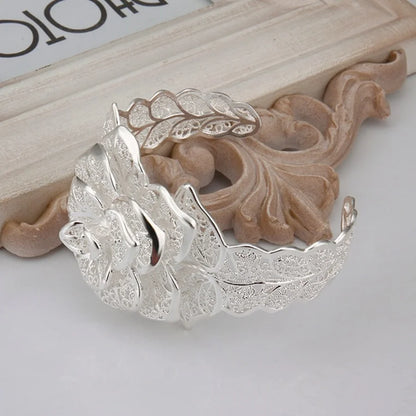 925 Sterling Silver jewelry bangle Hot engagement  exquisite retro charm hollow big women lady flowers openings bracelet