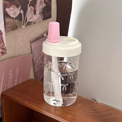 Cute Bowknot Water Bottle Tumbler Aesthetic Kawaii Plastic Korean Coffee Bubble Milk Tea Juice Cup School Drinking Bottle 500ml