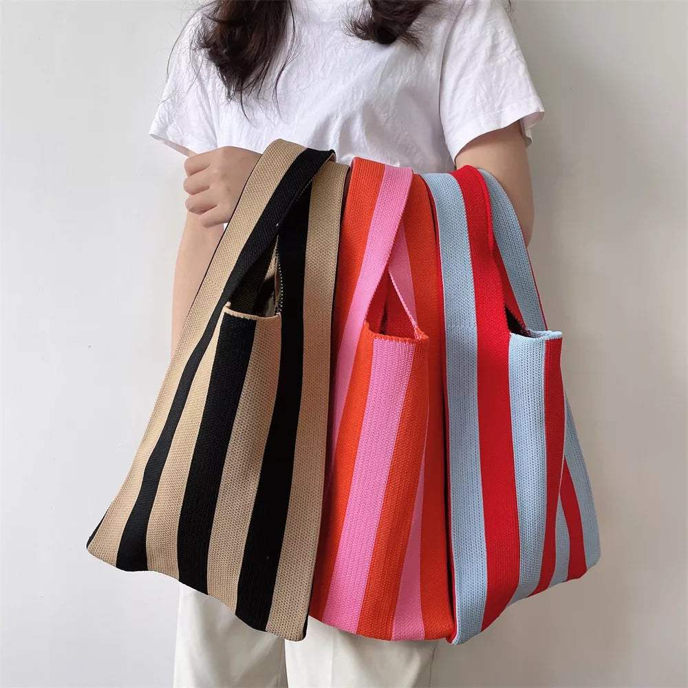 Striped Knitting Tote Bags Women's Shoulder Bag Fashion Hollow Out Tote Ladies Female Woven Shopper Purse Lady Crossbody Handbag