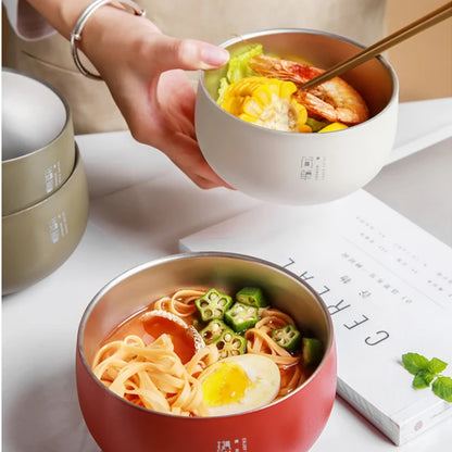 Japanese Style Rice Soup Bowl Stainless Steel Double Layer Food Dinner Container for Fruit Ramen Noodles Anti-scald Tableware