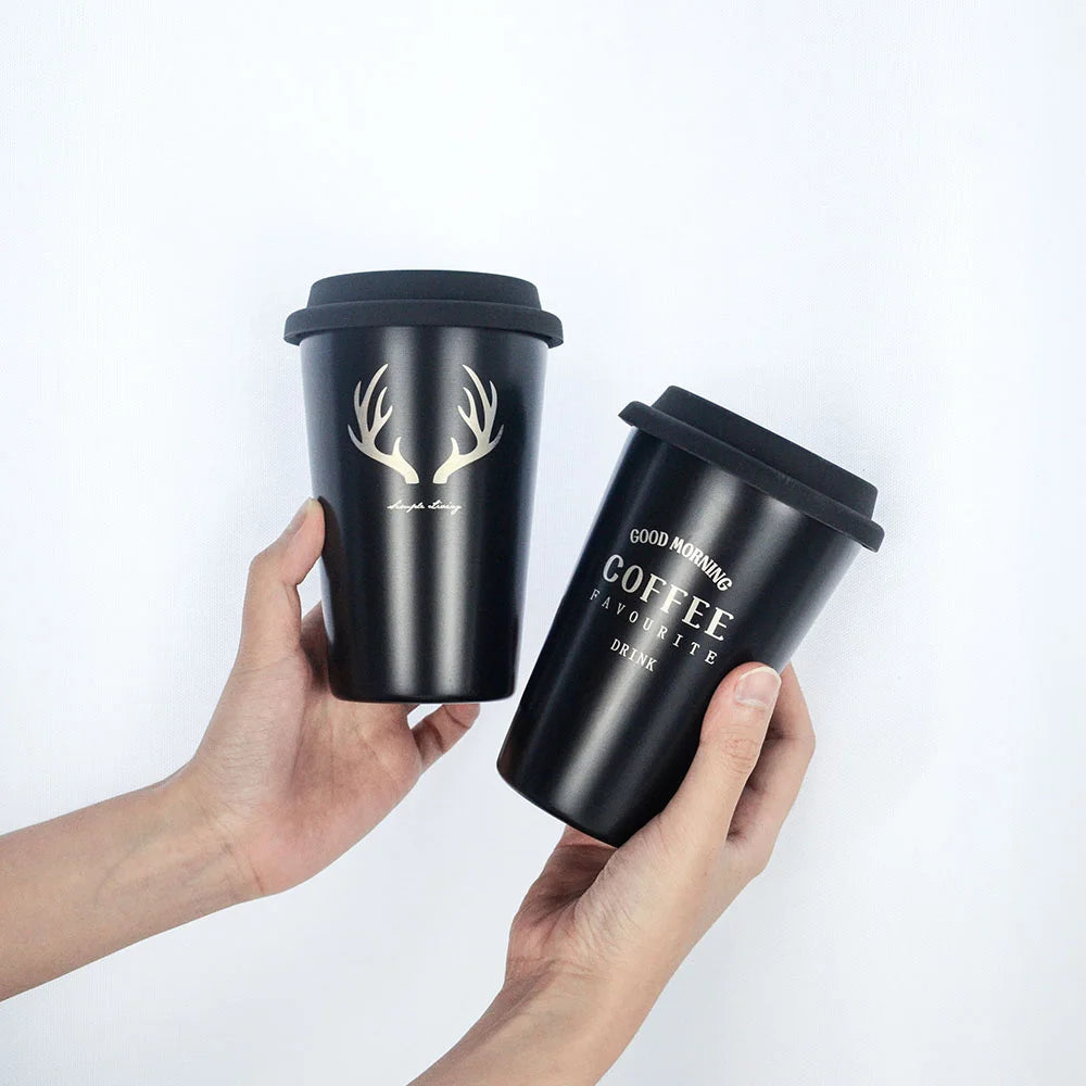 Black Stainless Steel Coffee Mug Silicone Lid Creative Letter Pattern Travel Camping Tea Milk Cups Home Office School Gift 500ml