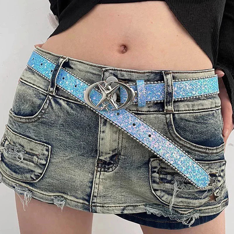 Luxury Sequin Punk Y2k Bling Star Rhinestone Belt Women's Brand Belt Metal Buckle Fashion Waistband Jeans Pants Decor Belt