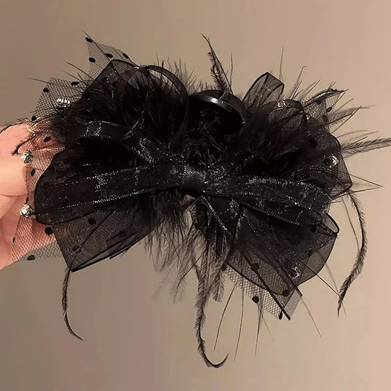 Romantic Black Lace Feather Big Bow Knot Hair Claw Fashion Advanced Sense Hairpins For Women Girls Shark Clip Hair Accessories