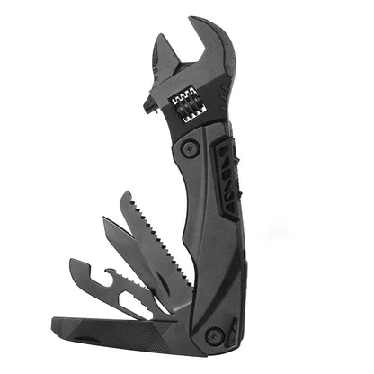 This mini multi-functional tool combines a wrench, screwdriver, folding knife, and saw, making it suitable for outdoor activities and household tasks. It's a convenient combination of essential hand tools