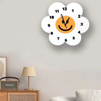 White Flower Shape Smiley Wall Clocks Fashion Cartoon Digital Mute Clock For Kids Modern Living Room Bedroom Home Decoration