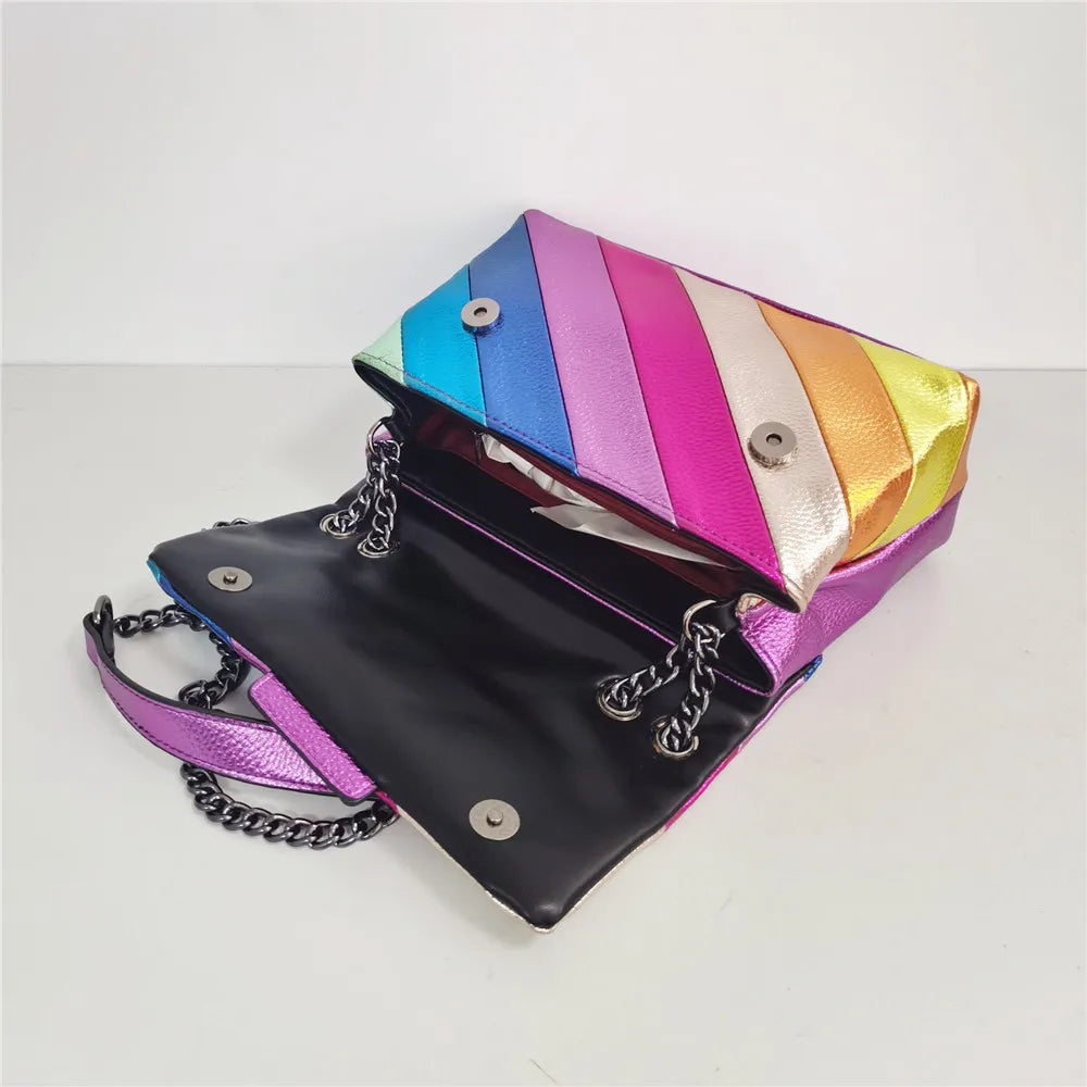 Rainbow Women Handbag  Wave Pattern Eagle Icon Head On Front Jointing Colorful Cross Body Bag Patchwork Shoulder Bag