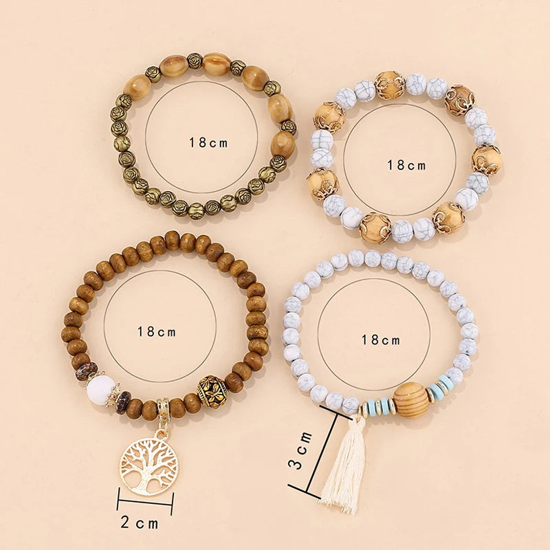 4Pcs/Set Boho Wooden Beaded Bracelet Set For Women Tree Of Life White Tassels Charm Elastic Chain Bangle Lady Bohemia Jewelry