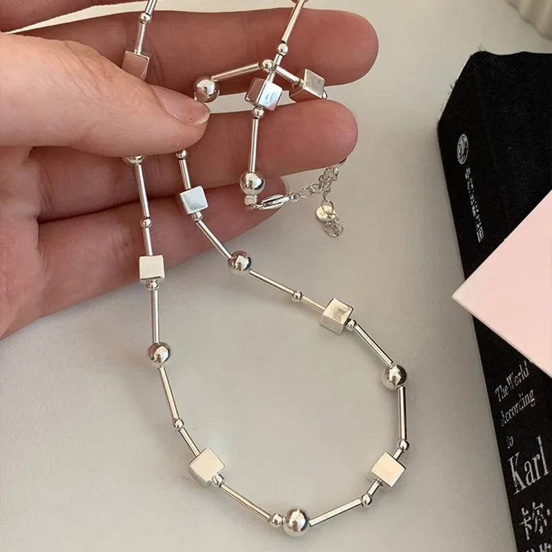 VENTFILLE 925 Sterling Silver Bead Geometry Necklace for Women Girl Korean Design Versatile Choker Jewelry Dropship Wholesale