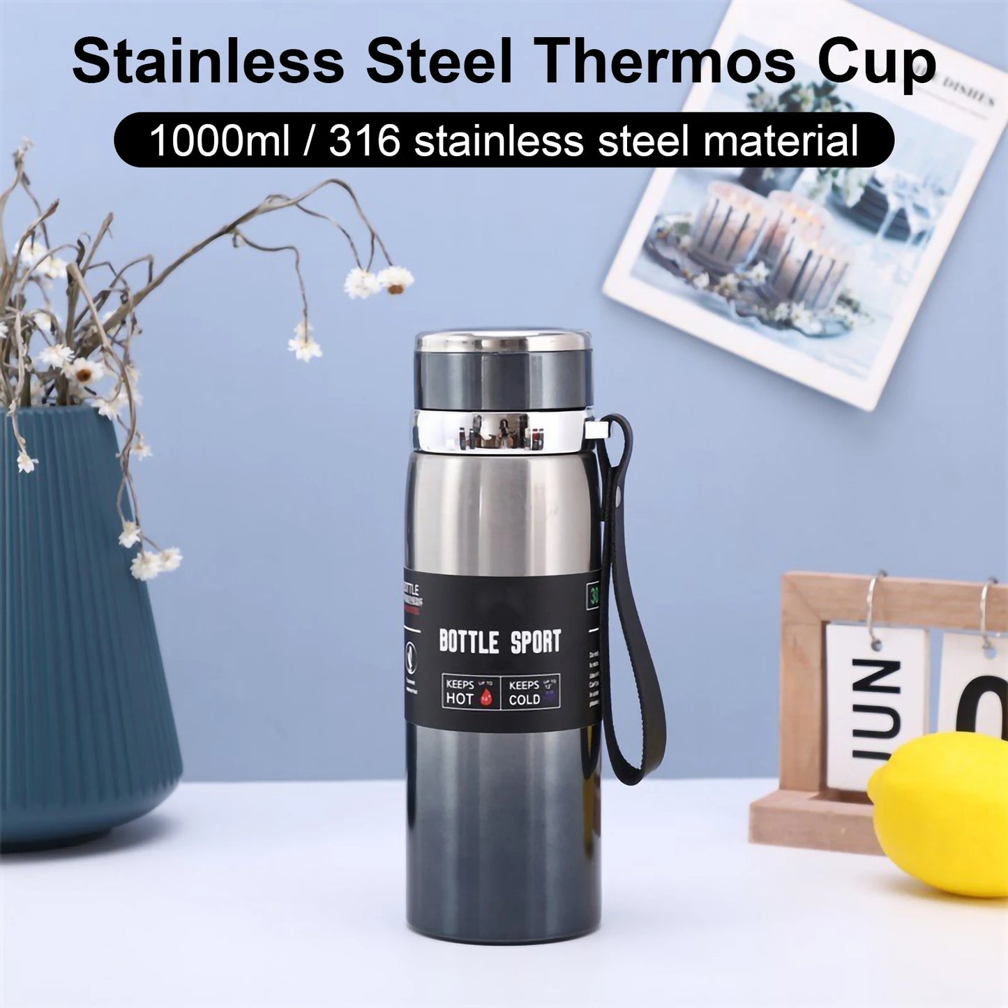 1000 ML Large Capacity Stainless Steel Thermos Portable Vacuum Flask Insulated Tumbler with Rope Travel Thermal Bottle Drinkware