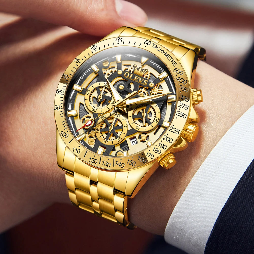 OLEVS Lxuxry Brand Gold Men's Watches Full Skeleton Stainless steel Chronograph Wristwatch Waterproof Luminous Quartz Watch Men