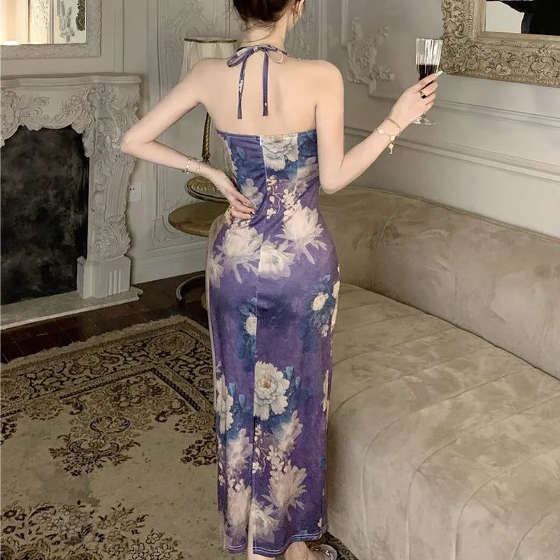 Printed Neck Hanging and Buttocks Wrapped Slim Fit and Elegant Long Dress for Women in Early Spring, New French Niche Suspender