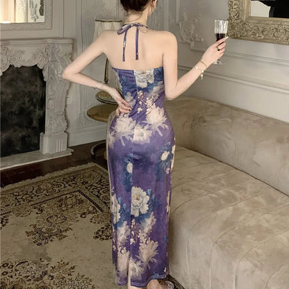 Printed Neck Hanging and Buttocks Wrapped Slim Fit and Elegant Long Dress for Women in Early Spring, New French Niche Suspender