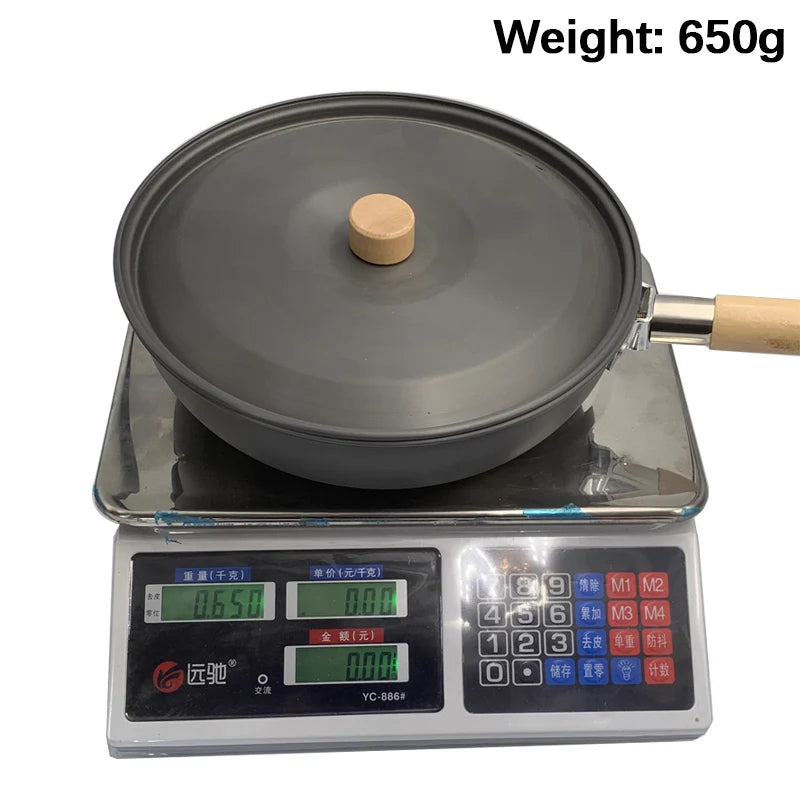 Aluminum Camping Wood Handle Wok Cookware, Outdoor Tableware, Picnic BBQ Cooking, Tourism, Kitchen Equipment, 3-4 Persons