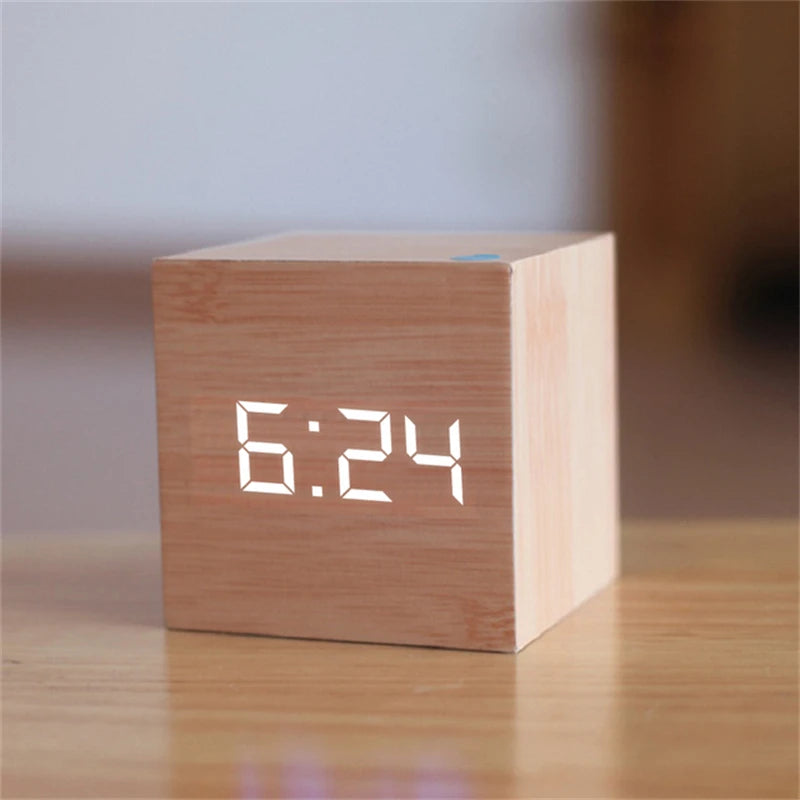 Square Digital LED Alarm Clock Wood Retro Glow Clock Desktop Table Decor Voice Control Snooze Function Desk Clock