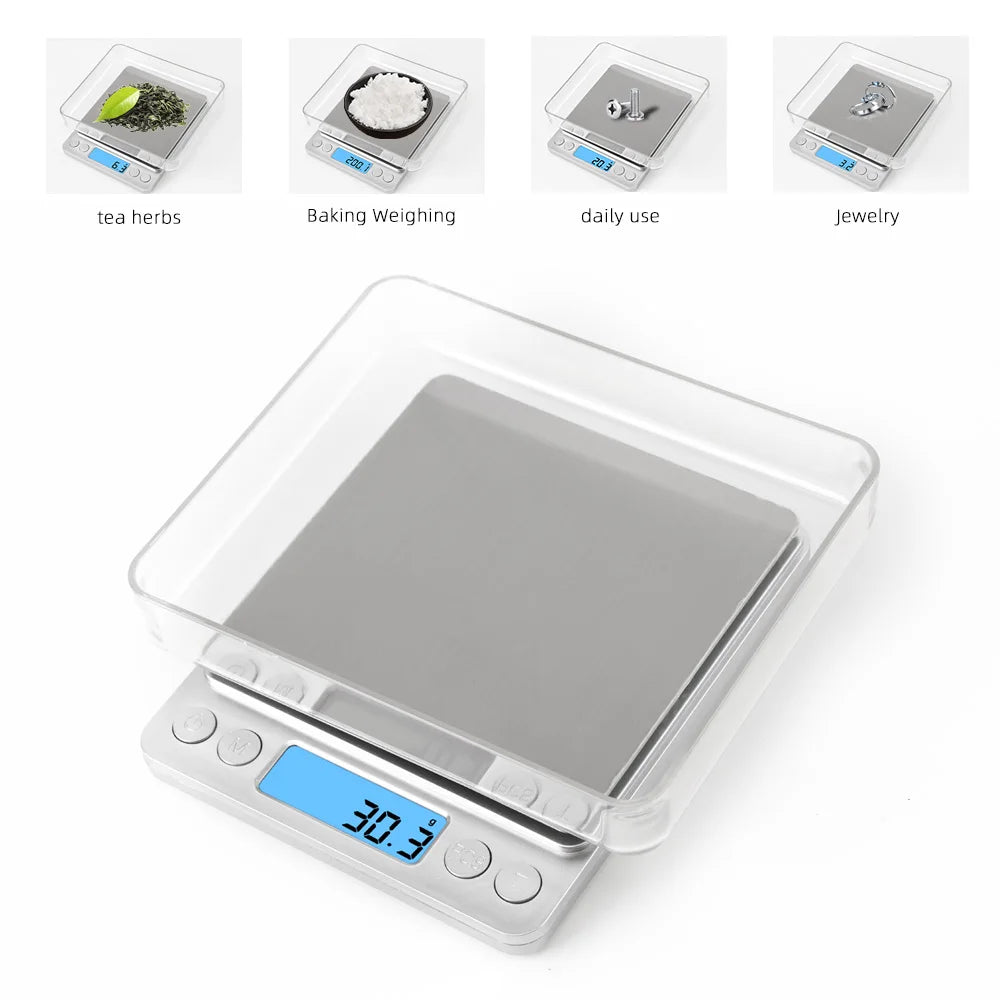 0.01g/0.1g Precision LCD Digital Scales 500g/3000g Mini Electronic Grams Weight Balance Scale for Tea Baking Weighing Scale 50%