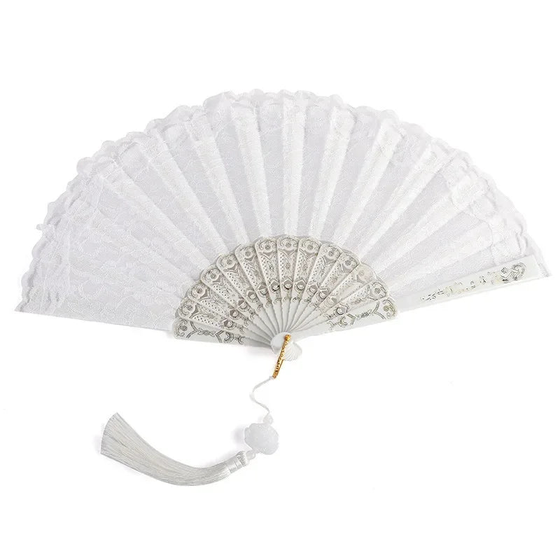 Luxury White Lace Folding Fan Double-layered Plastic Wedding  Home Decorative Fan Ancient Bride Hand Fan