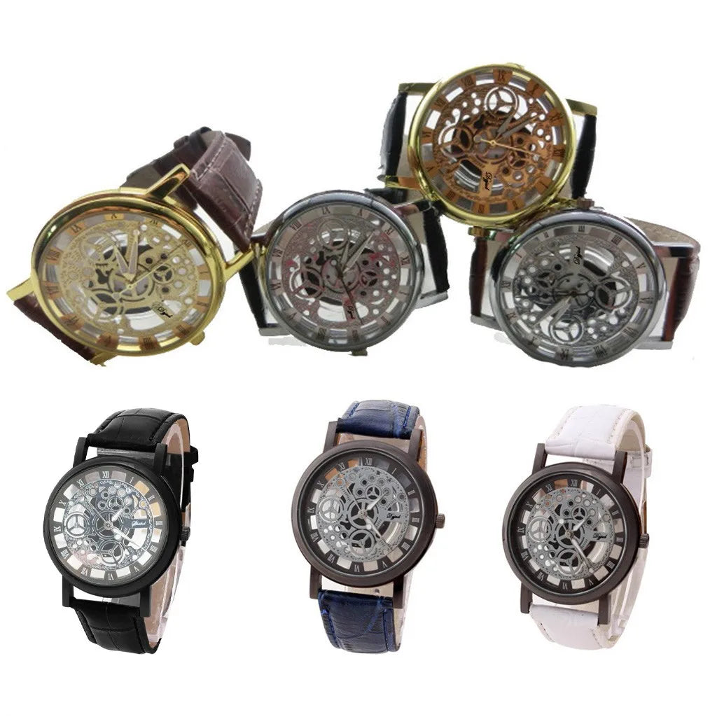 Mens Luxury Leather Band Quartz Hollow Watches Military Sport Wrist Watch Men Formal Business Quartz Watch Clock Relogio