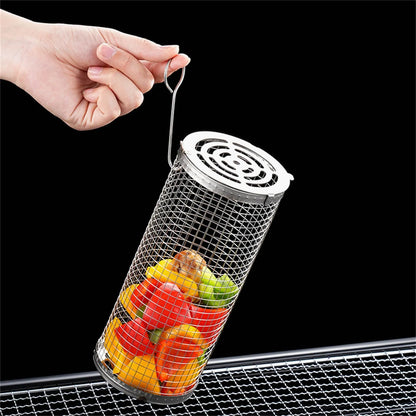 Barbecue Cages Stainless Steel Grill Grate Camping Picnic Cookware Outdoor Round BBQ Campfire Grill Grid Rolling Grill Basket