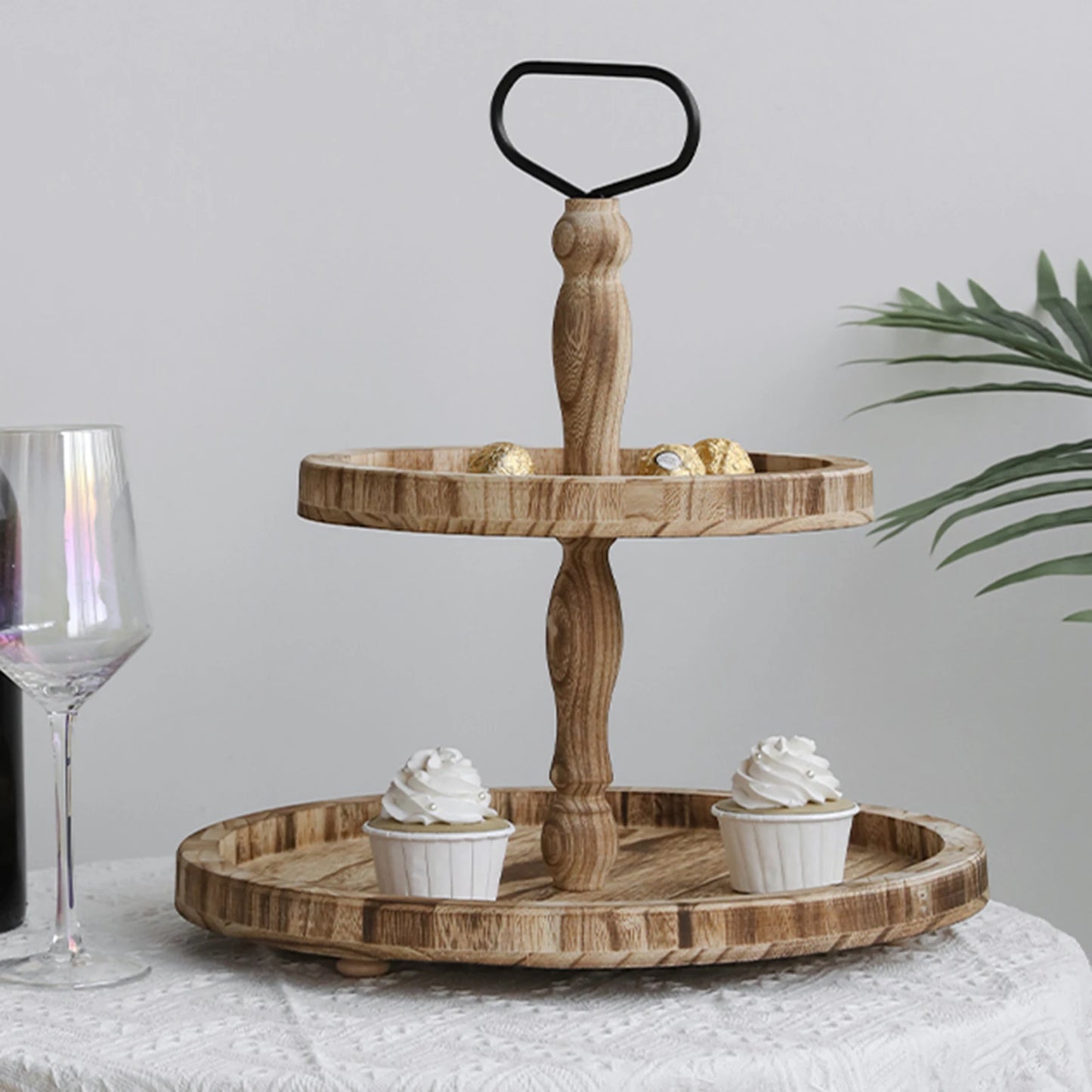 Multifunctional Round Wooden 2-Tier Serving Tray Stand Cake Candy Snack Dessert Storage for Home Table Decorative