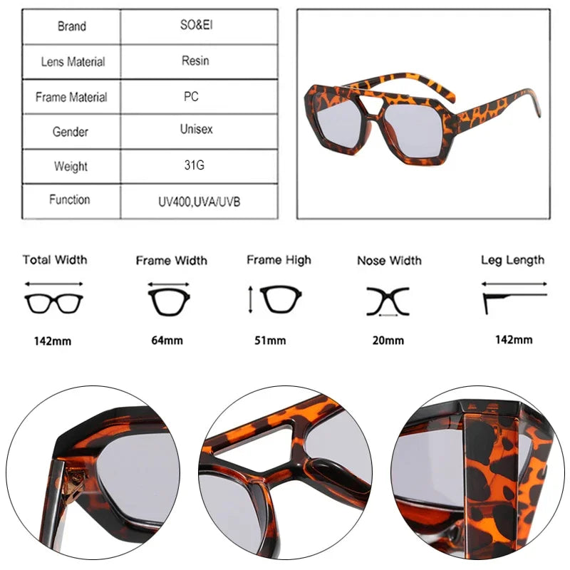 SO&EI Ins Popular Fashion Double Bridges Square Women Sunglasses Shades UV400 Vintage Men Polygon Sun Glasses