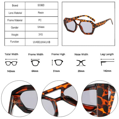 SO&EI Ins Popular Fashion Double Bridges Square Women Sunglasses Shades UV400 Vintage Men Polygon Sun Glasses