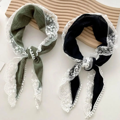 Solid Lace Hair Scarf Temperament Headband Cotton Linen Sweet Neckerchief Soft Wrap Hair Band Triangle Scarves Women