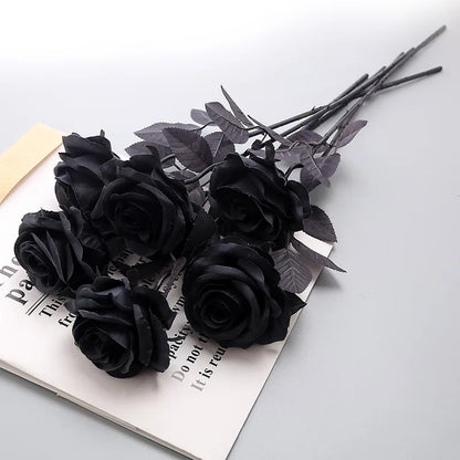 5/10/20pcs Black Silk Artificial Rose Flower Halloween Gothic Flowers Wedding Home Party Fake Flower Decor