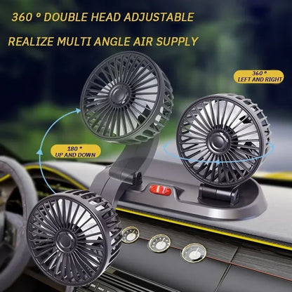 Summer Car Fan USB Plug and Play Portable Mini Powerful Double-Head Fan Adjustable Strong Wind 2 Gears Heat Dissipation Car Fan