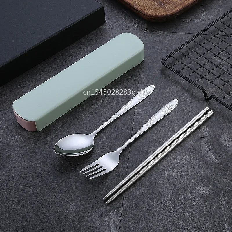 3Pcs/Set Travel Camping Cutlery Set Portable Tableware Stainless Steel Chopsticks Spoon Fork Steak Knife with Storage Case