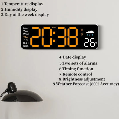 USB Powered Large Digital Wall Clock Remote Control TEMP Humidity Week 2 Alarm Timing Countdown 12/24H DST Table LED Alarm Clock