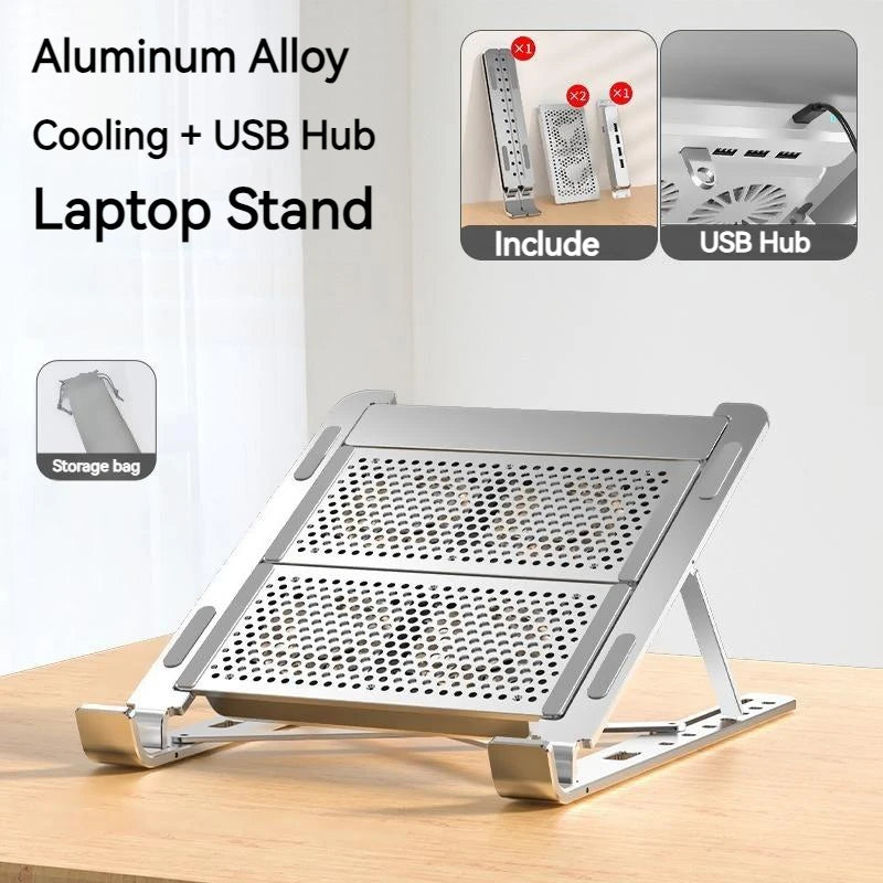 Aluminum Alloy Laptop Stand with Cooling Fan Lift Foldable Notebook Holder with Usb Splitter Hub Docking for Laptops Under 17 In