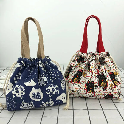 Japanese Cute Bento Bag Tote Canvas Lunch Bags Cartoon Anime Drawstring Bag Foldable Holds Two Lunch Boxes