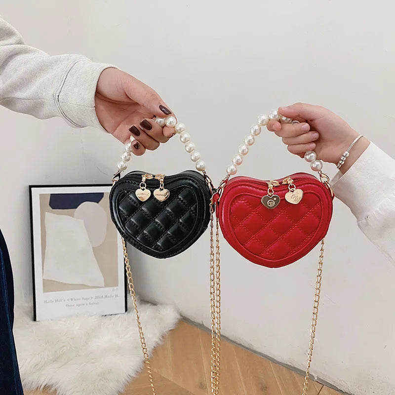 Pearl Handle Girls Mini Shoulder Messenger Bag Princess Wallet Coin Purse Handbags Cute Children's Heart-shaped Crossbody Bags