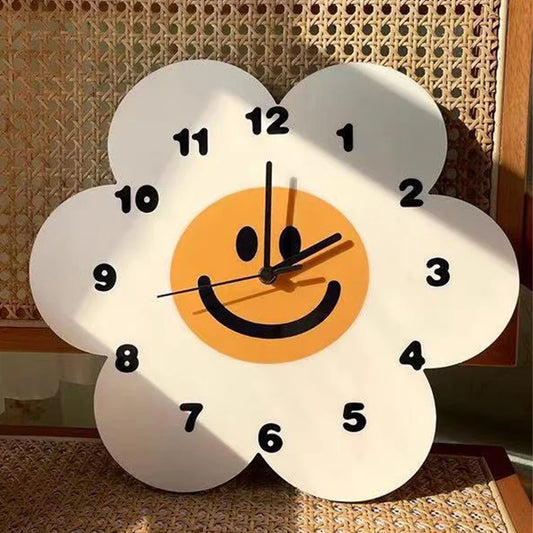 White Flower Shape Smiley Wall Clocks Fashion Cartoon Digital Mute Clock For Kids Modern Living Room Bedroom Home Decoration