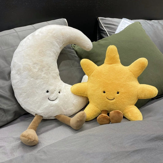 Adorable Smile Face White Moon Yellow Sun Plushie Stuffed Cute Cartoon Weather Plush Toy for Kid Bedroom Decor Sofa Throw Pillow