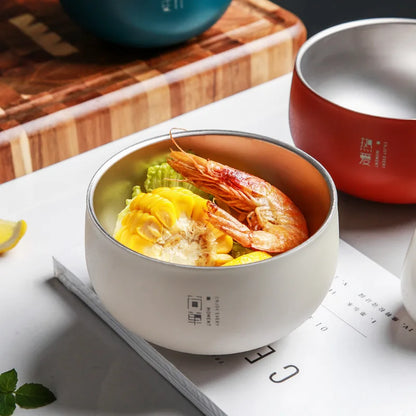 Japanese Style Rice Soup Bowl Stainless Steel Double Layer Food Dinner Container for Fruit Ramen Noodles Anti-scald Tableware