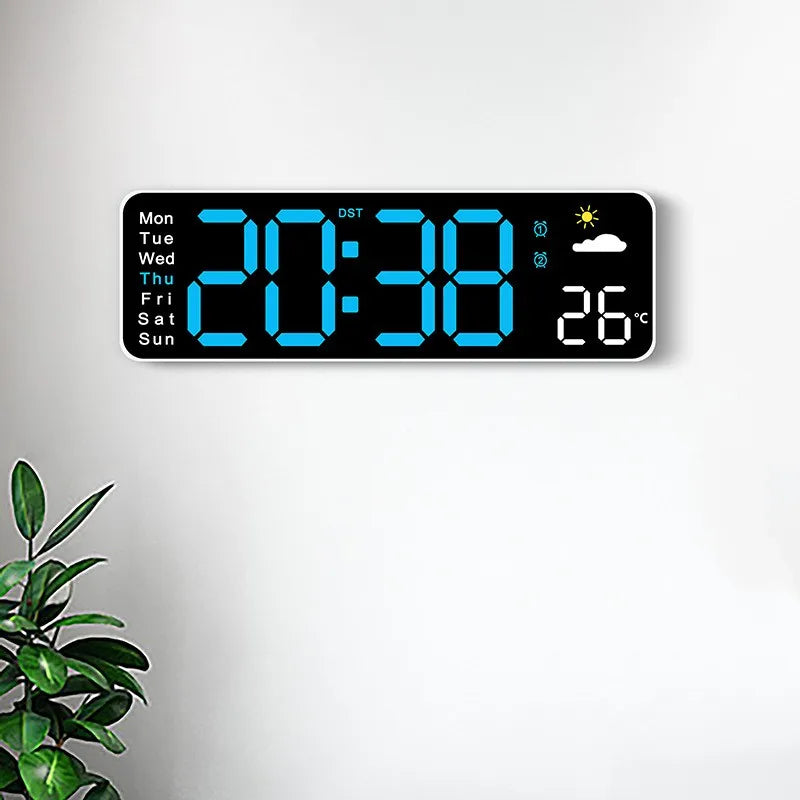 USB Powered Large Digital Wall Clock Remote Control TEMP Humidity Week 2 Alarm Timing Countdown 12/24H DST Table LED Alarm Clock