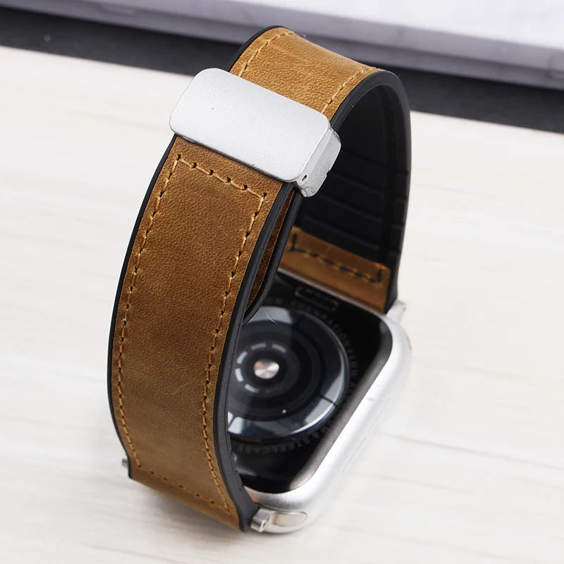 Magnetic Fold Buckle Silicone Leather Compound Watch Strap For 42/44/45mm Waterproof Sweatproof Anti-stick Silicone Watch