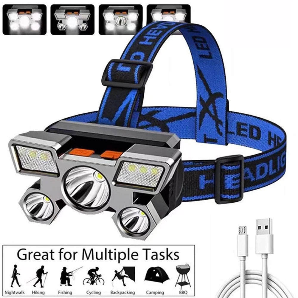 Powerful LED Headlamp USB Rechargeable Waterproof 5 Heads Headlamp Flashlight for Outdoor Camping Adventure Hiking Emergency