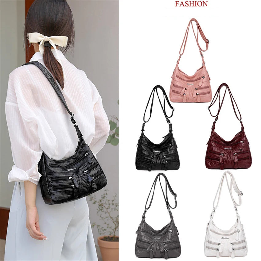 Small Soft Shoulder Bag Casual Women Bag Wash White Leather Crossbody Adjustable Multi-pocket  Ladies Pocket Bolsa De Ombro  New