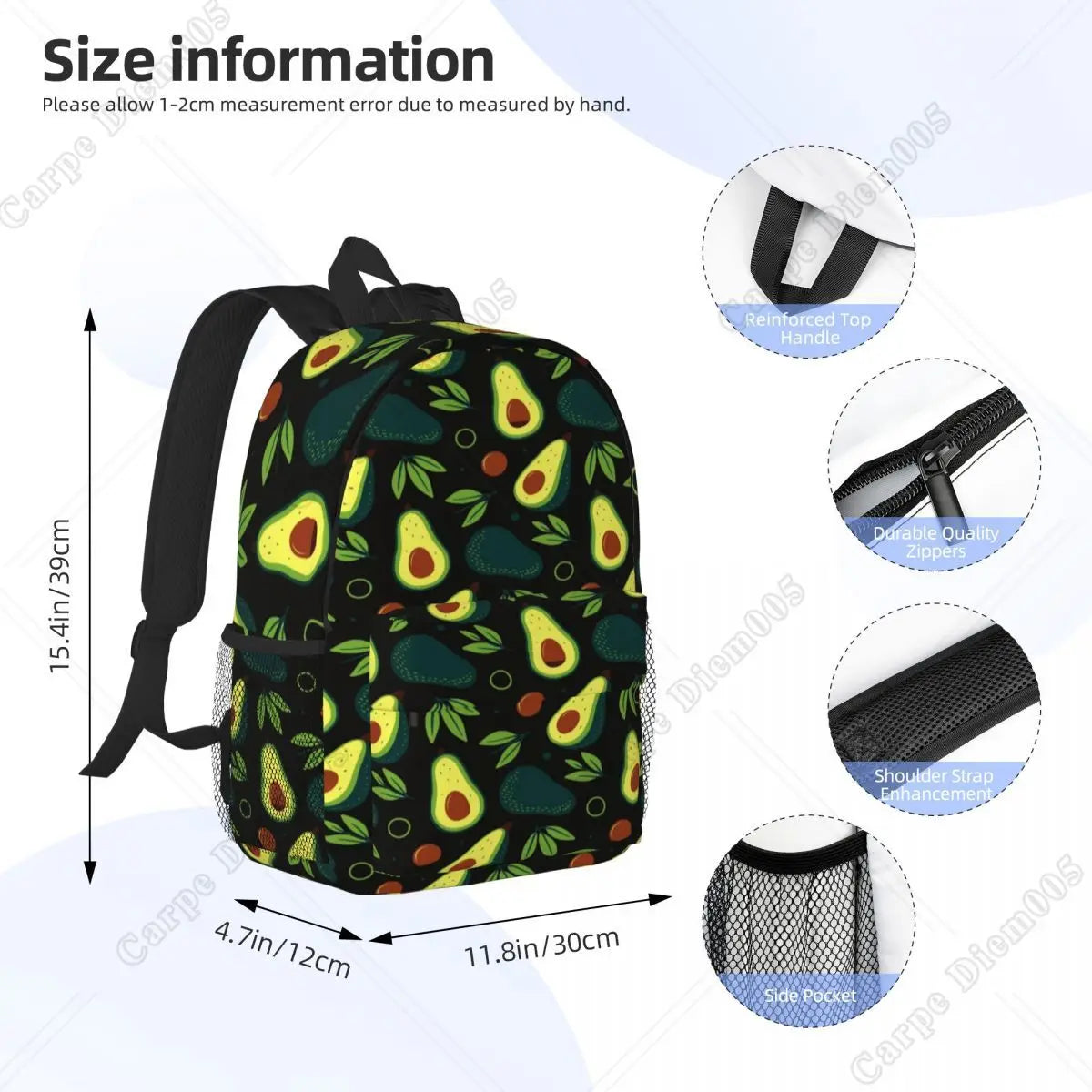 Green Avocado Plant Fruit Pattern Backpack for Men Women Waterproof School College Bag Printing Bookbag