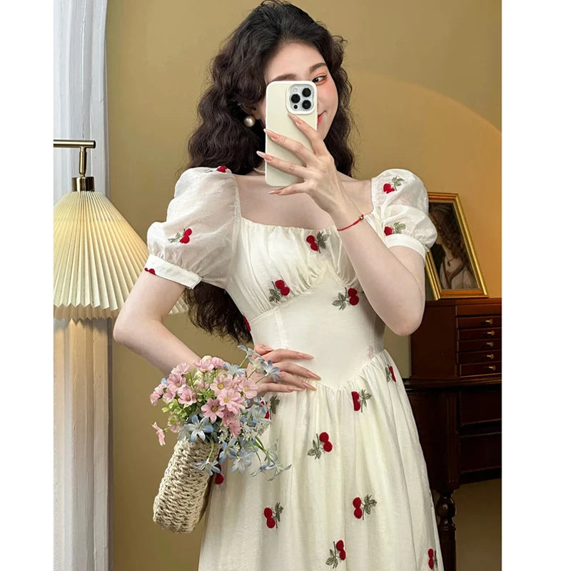 New Sweet Cute Short Sleeve Print Midi Dress for Women Square Neck Summer 2024 Elegant Beach Holiday Casual Fairy Dresses